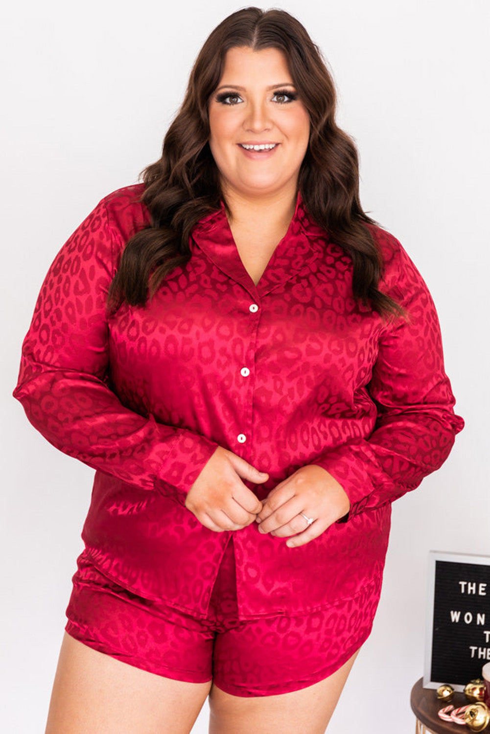 Red Leopard Print Long Sleeve Satin Plus Size Sleepwear Plus Size JT's Designer Fashion