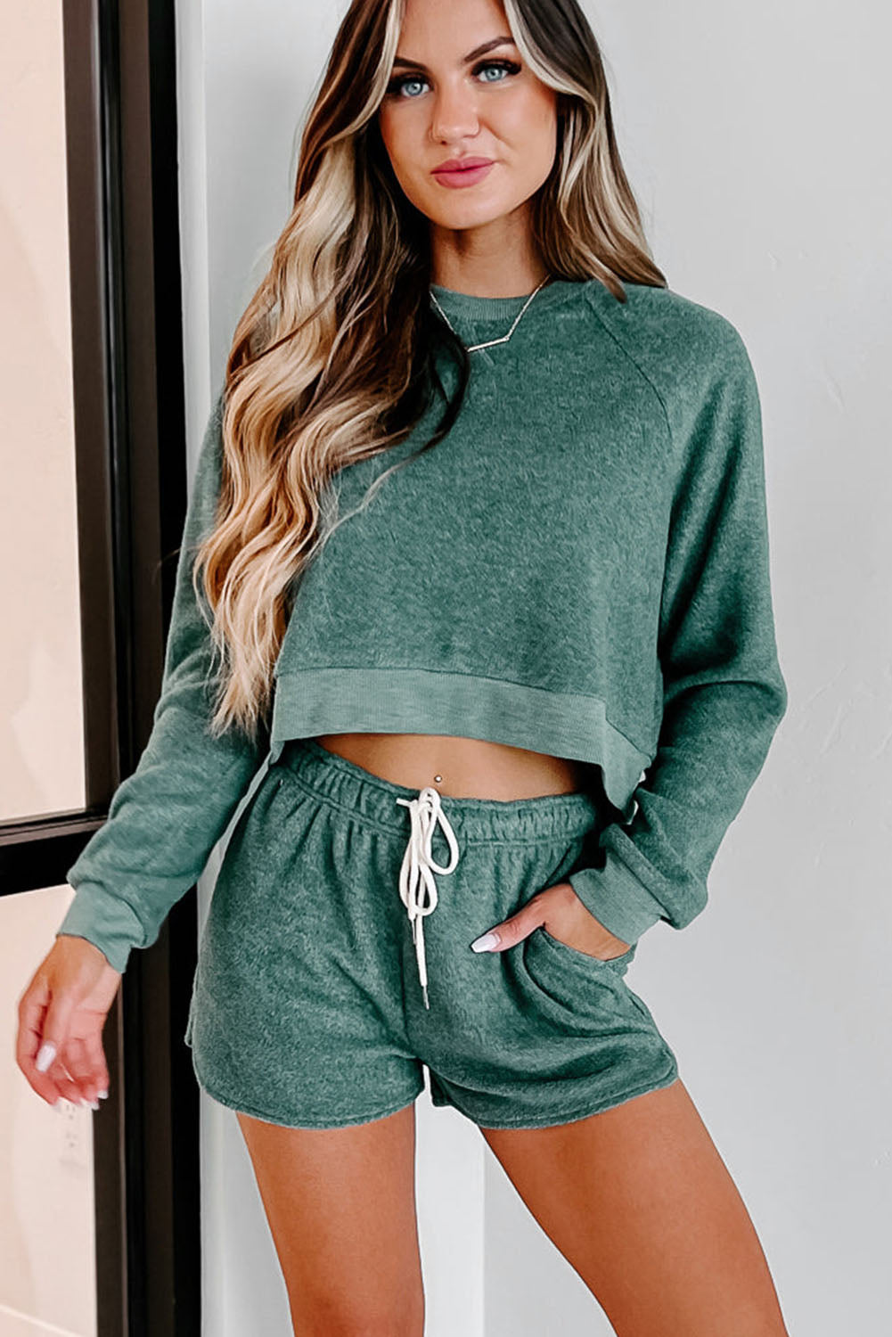 Green Fleece Two-piece Cropped Pullover and Shorts Set Loungewear JT's Designer Fashion