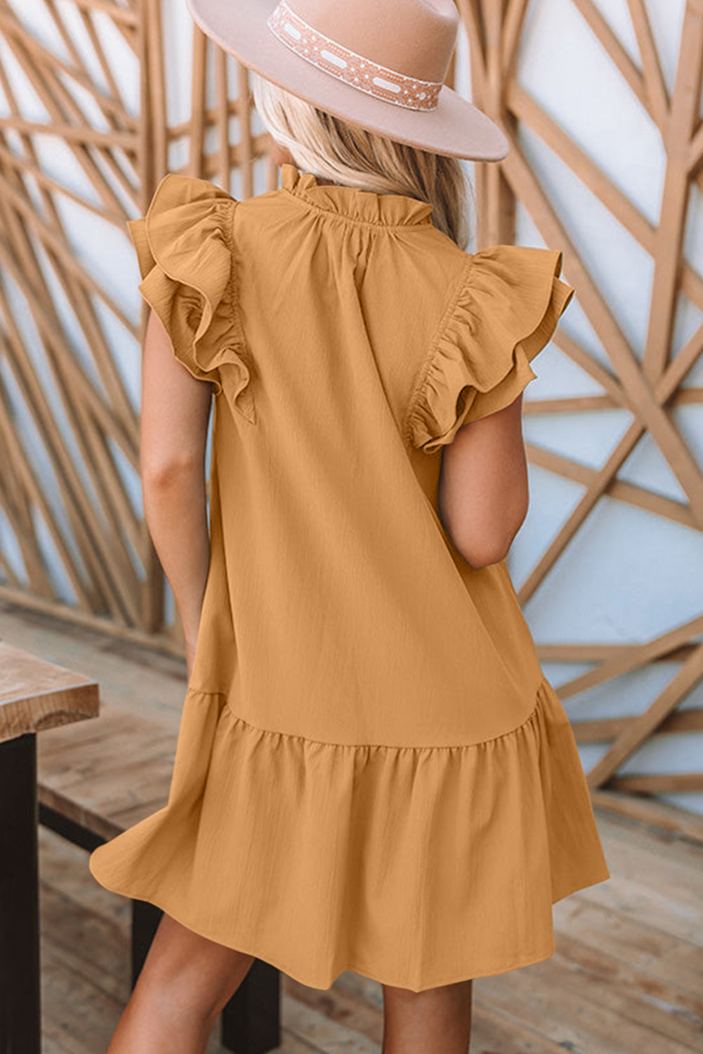 Khaki Tiered Ruffled Sleeves Mini Dress with Pockets Mini Dresses JT's Designer Fashion