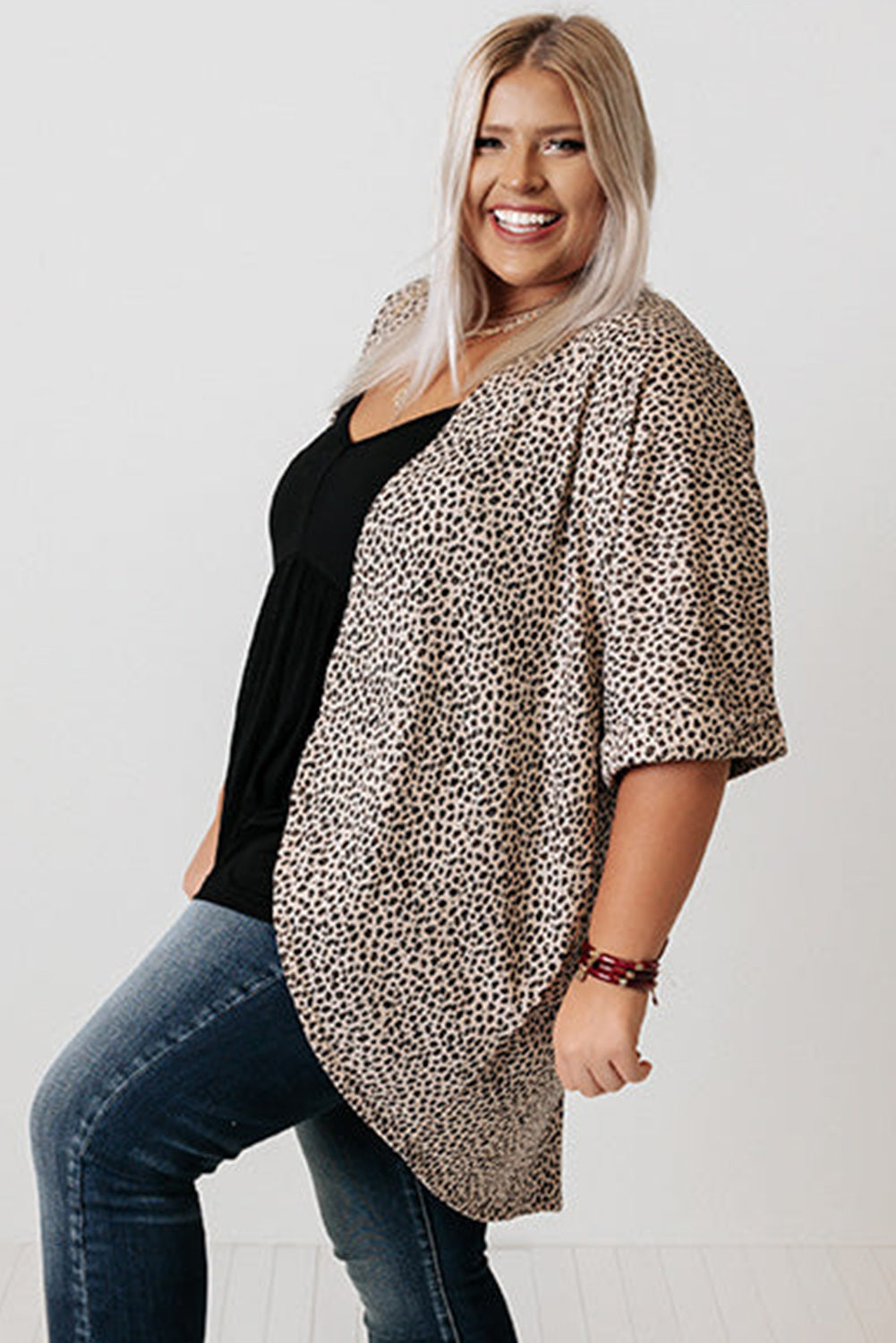 Khaki Plus Size Leopard Round Hem Short Sleeve Open Cardigan Plus Size JT's Designer Fashion