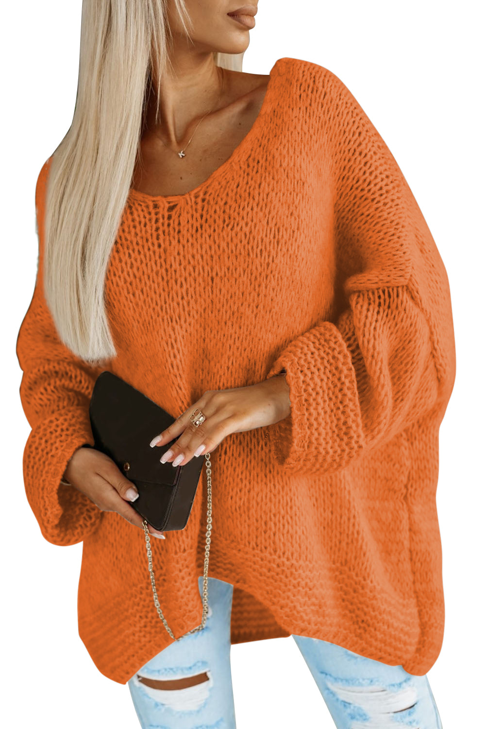 Russet Orange Loose Knitted V Neck Sweater Pre Order Sweaters & Cardigans JT's Designer Fashion