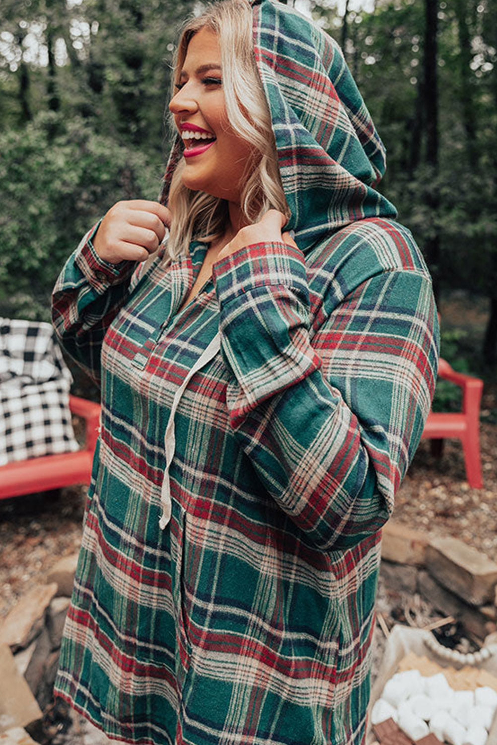 Green Plus Size Plaid Kangaroo Pocket Drawstring Hoodie Plus Size JT's Designer Fashion