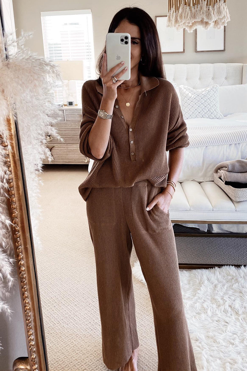 Brown Ribbed Long Sleeve Buttoned Shirt and Pants Lounge Set Loungewear JT's Designer Fashion