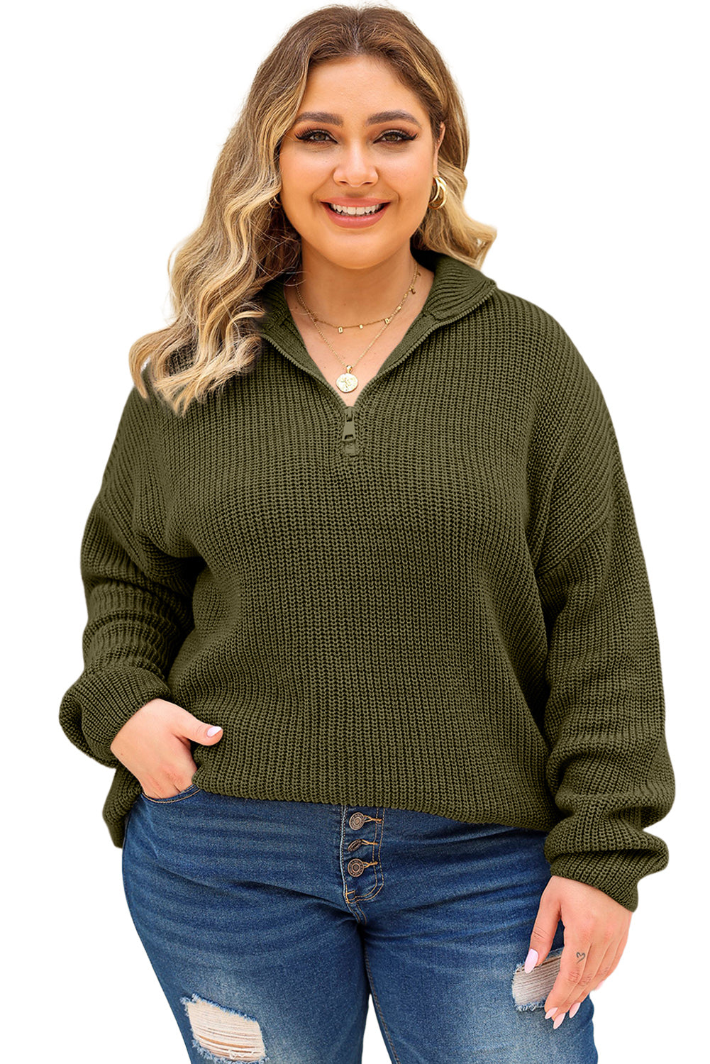 Green Quarter-Zip Thermal Plus Size Sweater Plus Size JT's Designer Fashion