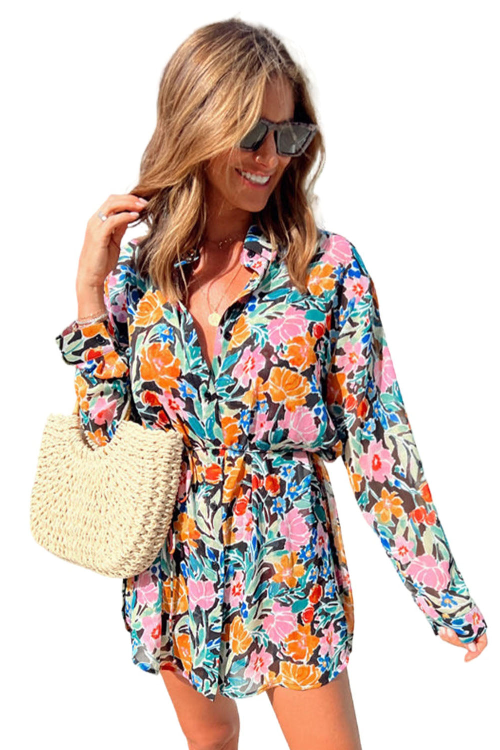 Multicolor Floral Buttoned Collared Long Sleeve Mini Dress Dresses JT's Designer Fashion