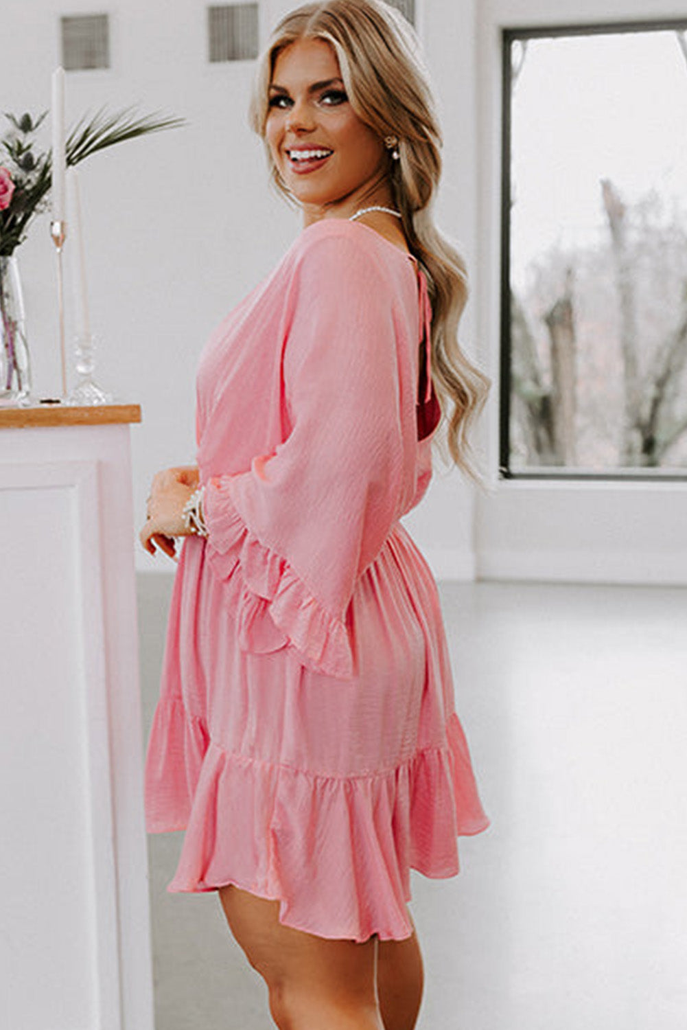 Pink Ruffled Knotted Open Back Wrap V Neck Plus Size Dress Plus Size Dresses JT's Designer Fashion