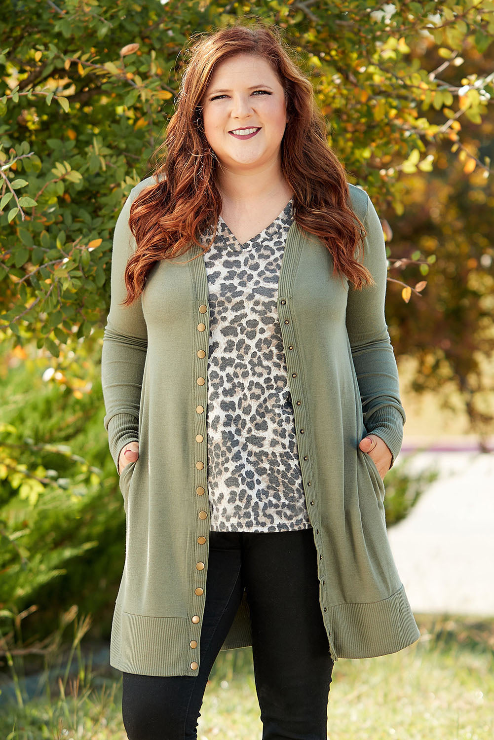 Green Plus Size Snap Buttons Front Knit Cardigan Plus Size JT's Designer Fashion