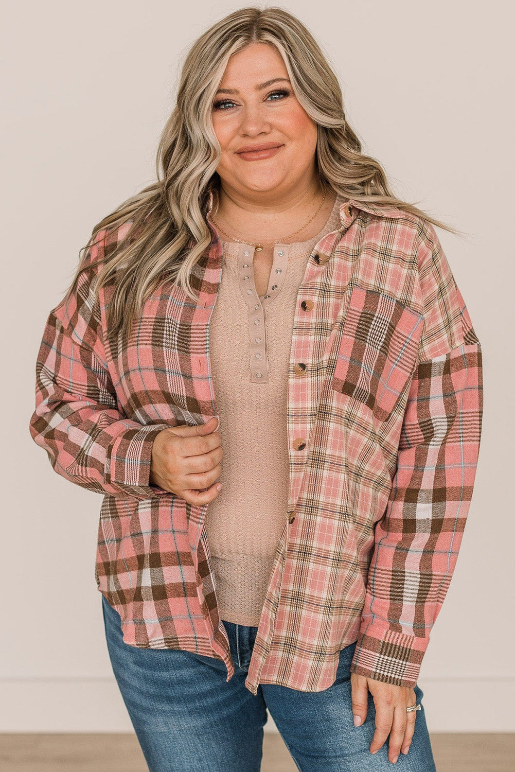 Pink stand-by-you-button-down-plaid-top-pink Plus Size JT's Designer Fashion