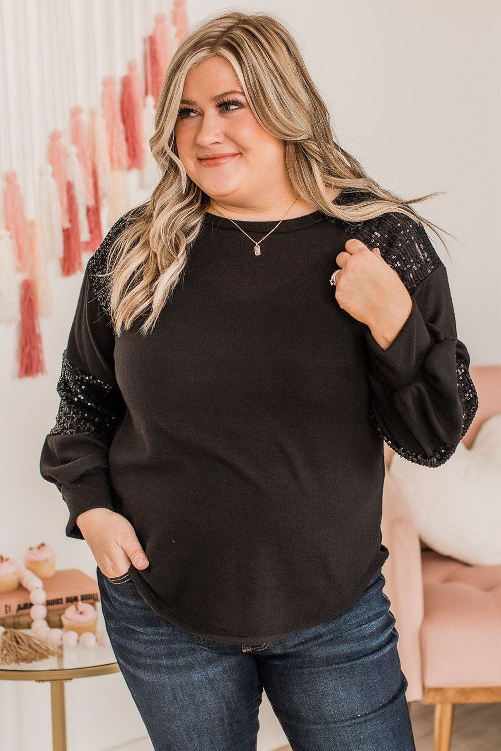 Black Plus Size Sequin Patchwork Top Plus Size JT's Designer Fashion