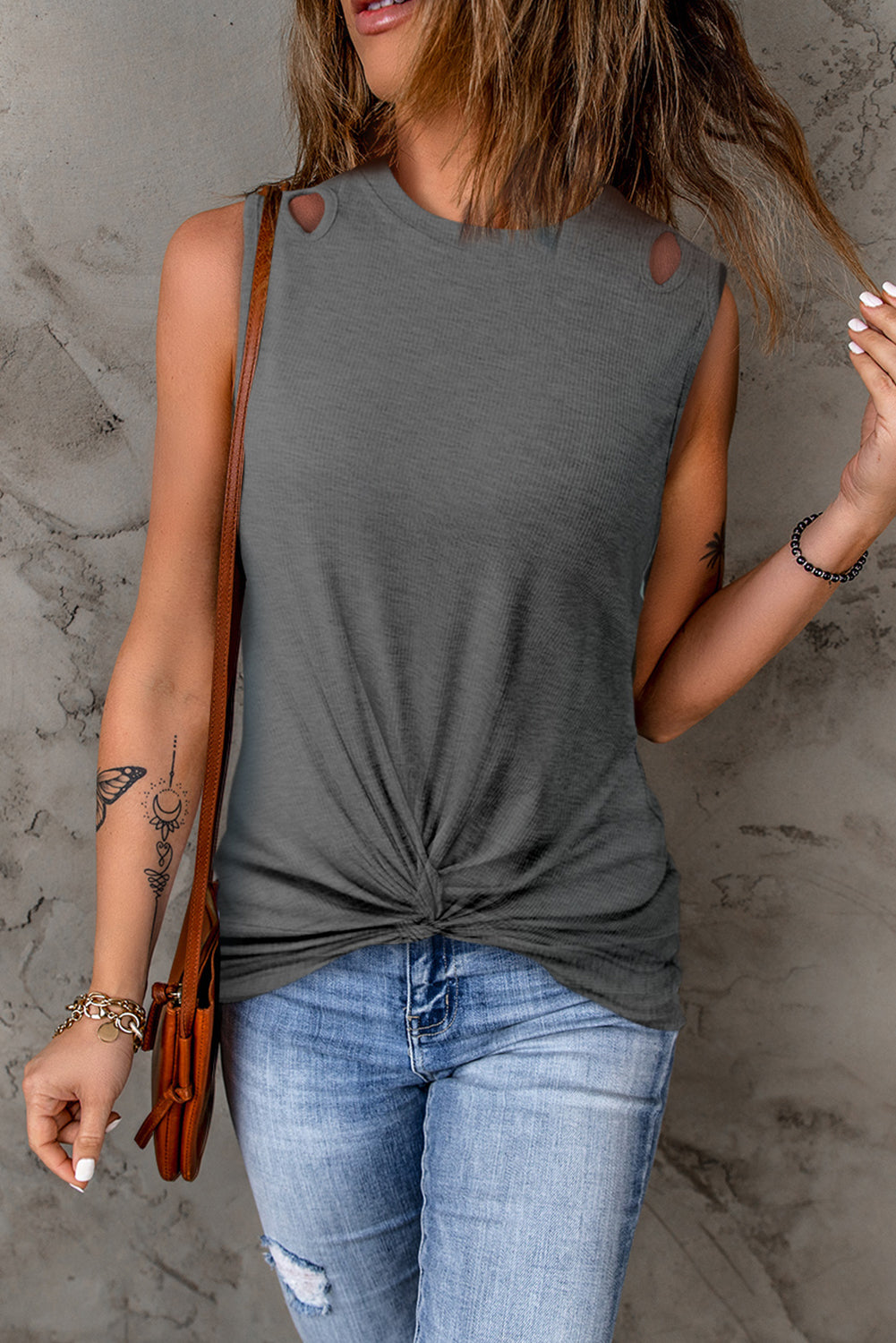 Gray Rib Knit Cut-out Front Twist Tank Top Gray 95%Polyester+5%Elastane Tank Tops JT's Designer Fashion