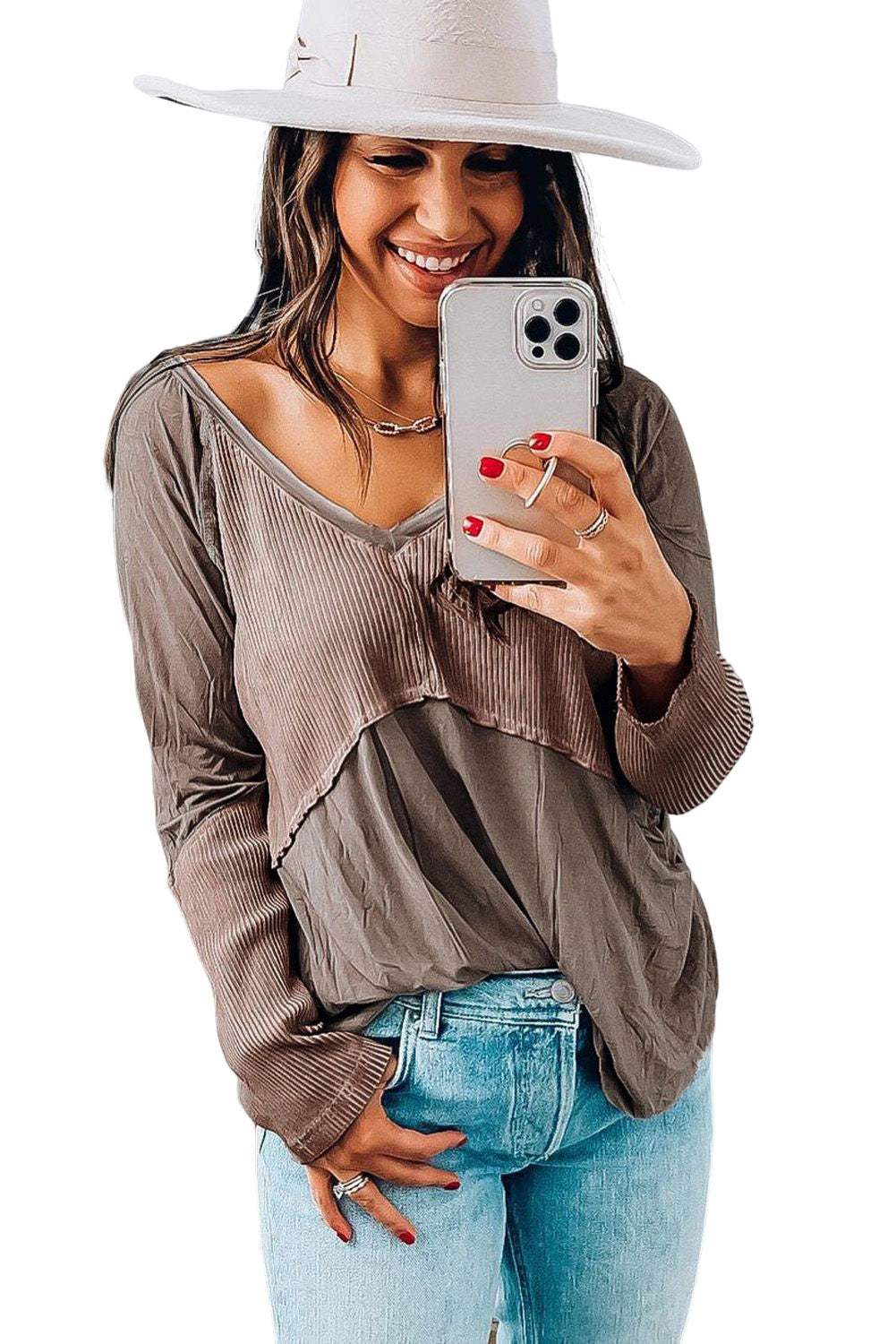 Khaki Ribbed Patchwork V Neck Long Sleeve Top Long Sleeve Tops JT's Designer Fashion