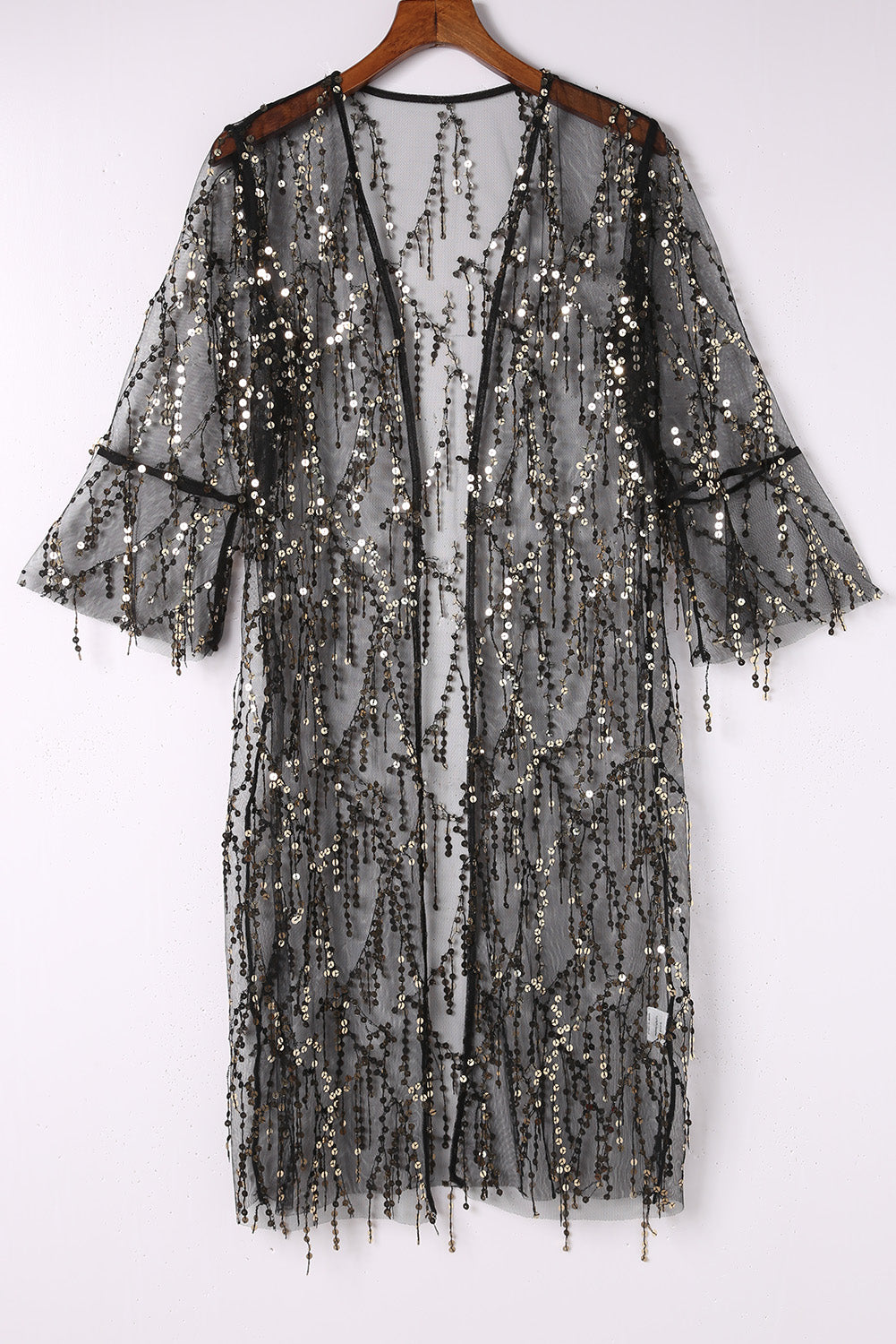 Black Sequin Sheer Long Sleeve Open Front Kimono Kimonos JT's Designer Fashion