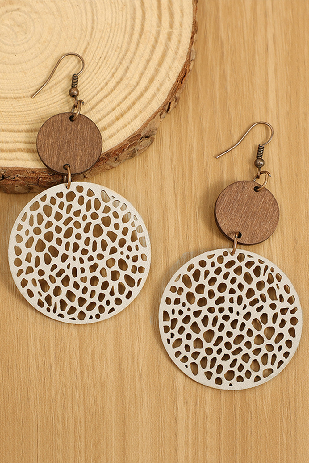 Beige Hollow Out Wooden Round Drop Earrings Jewelry JT's Designer Fashion