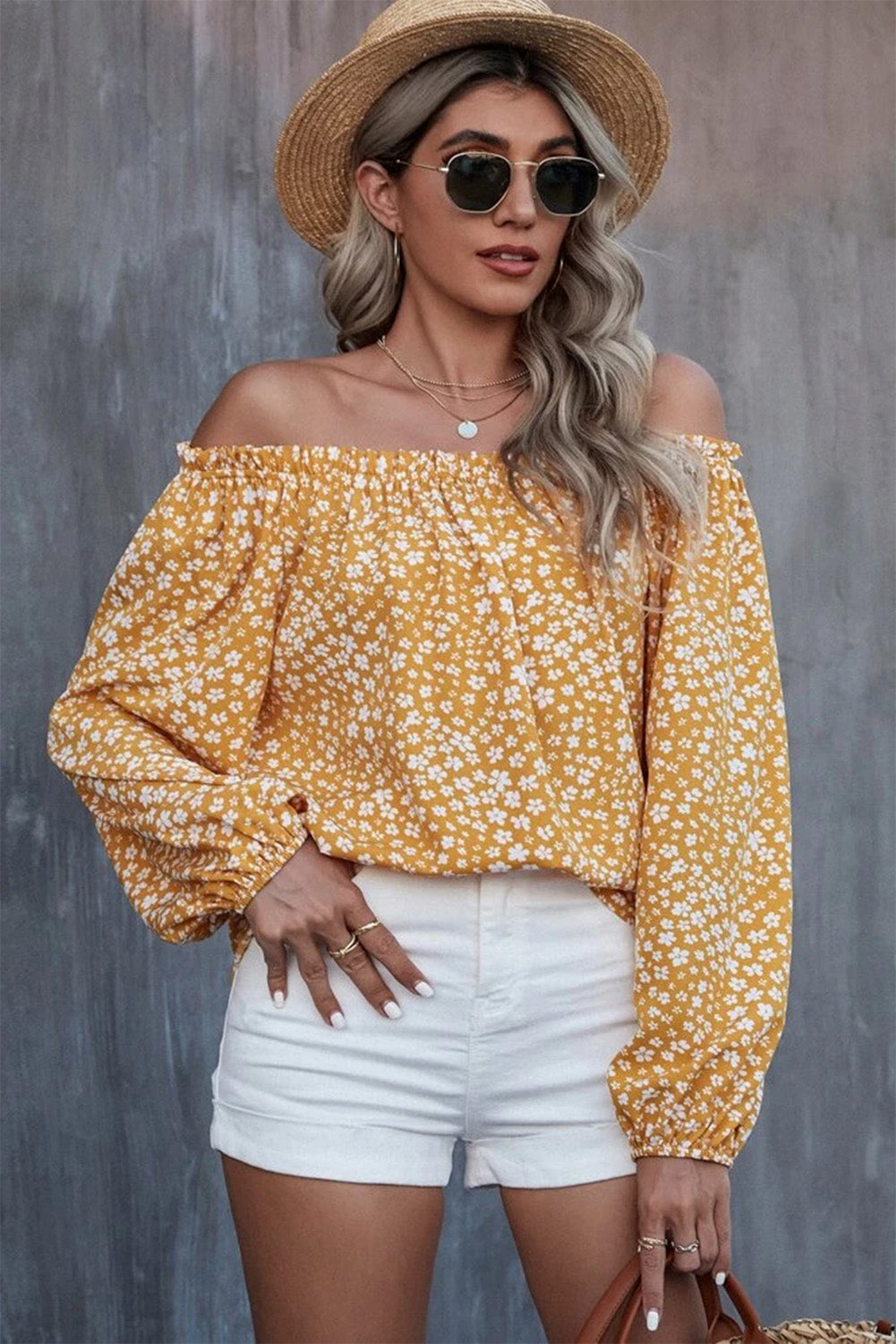 Yellow Floral Print Frill Trim Off-shoulder Lantern Sleeve Blouse Tops & Tees JT's Designer Fashion