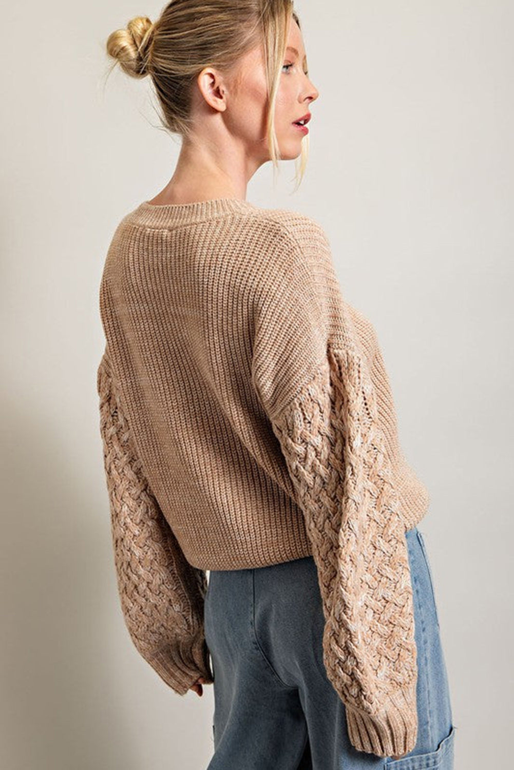 Parchment Cable Knit Sleeve Drop Shoulder Sweater Sweaters & Cardigans JT's Designer Fashion