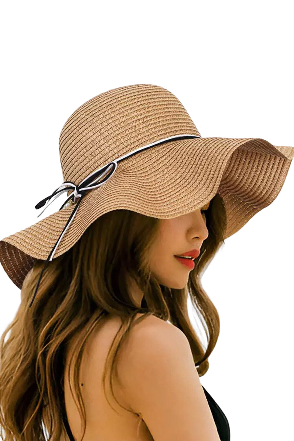 Khaki Bowknot Sun Visor Wide Brim Rolled Up Straw Hat Hats & Caps JT's Designer Fashion