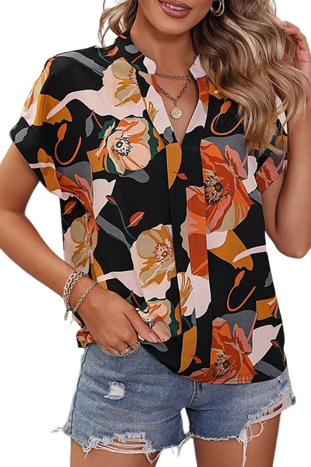 Black Floral Print Stand Collar Split V Short Sleeve Blouse Blouses & Shirts JT's Designer Fashion