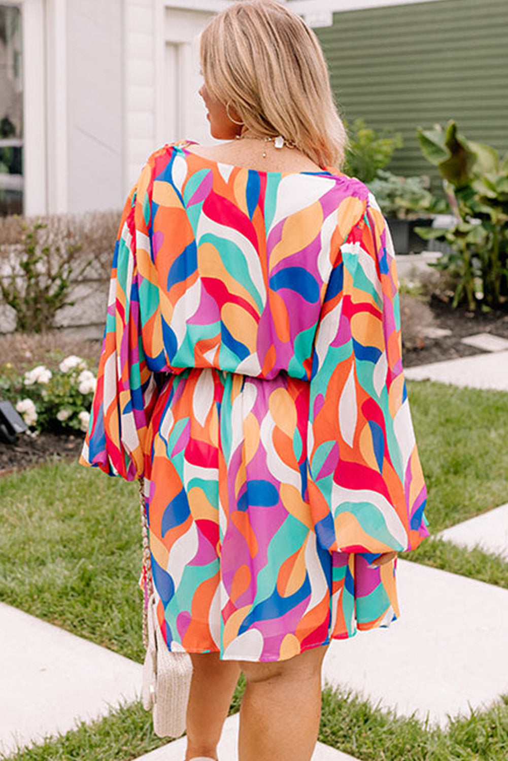 Pink Plus Size Geometric Print V Neck Balloon Sleeve Dress Plus Size JT's Designer Fashion