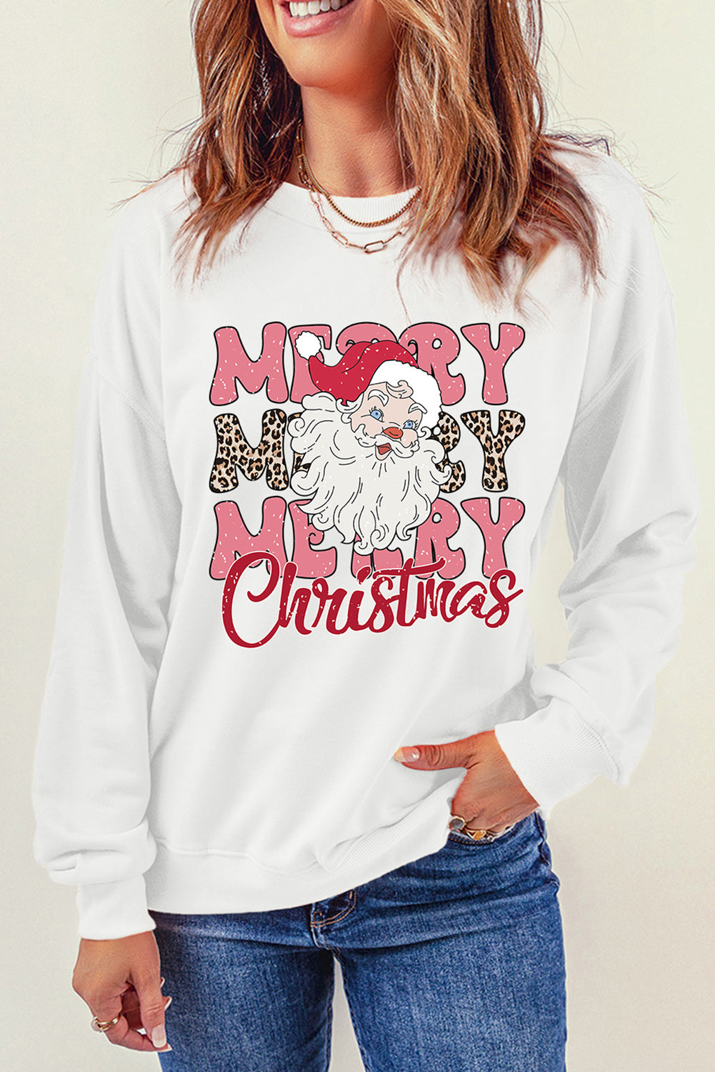 Beige MERRY Christmas Santa Claus Print Crewneck Sweatshirt Graphic Sweatshirts JT's Designer Fashion