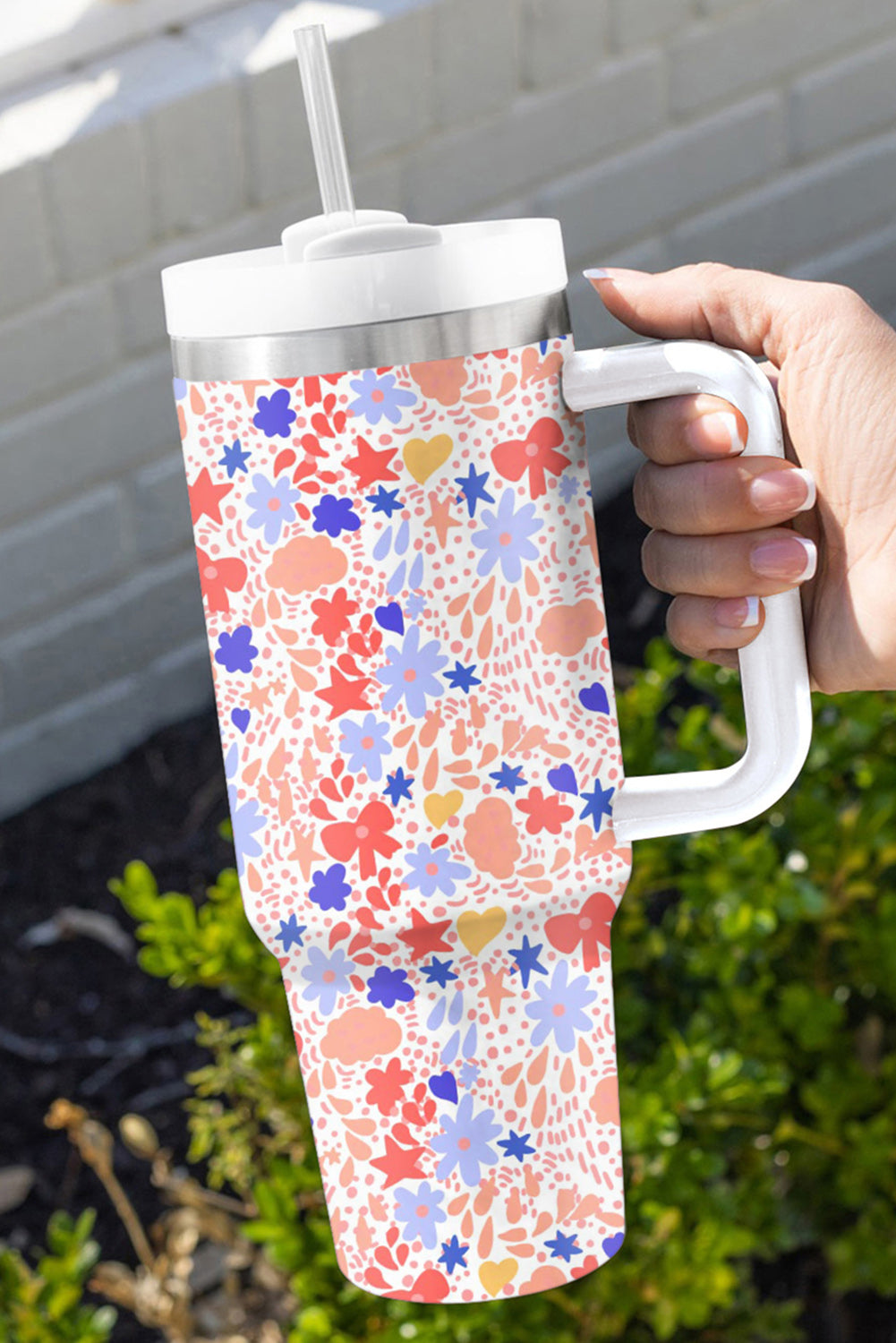 White Festive Printed Stainless Thermos Cup with Handle Tumblers JT's Designer Fashion