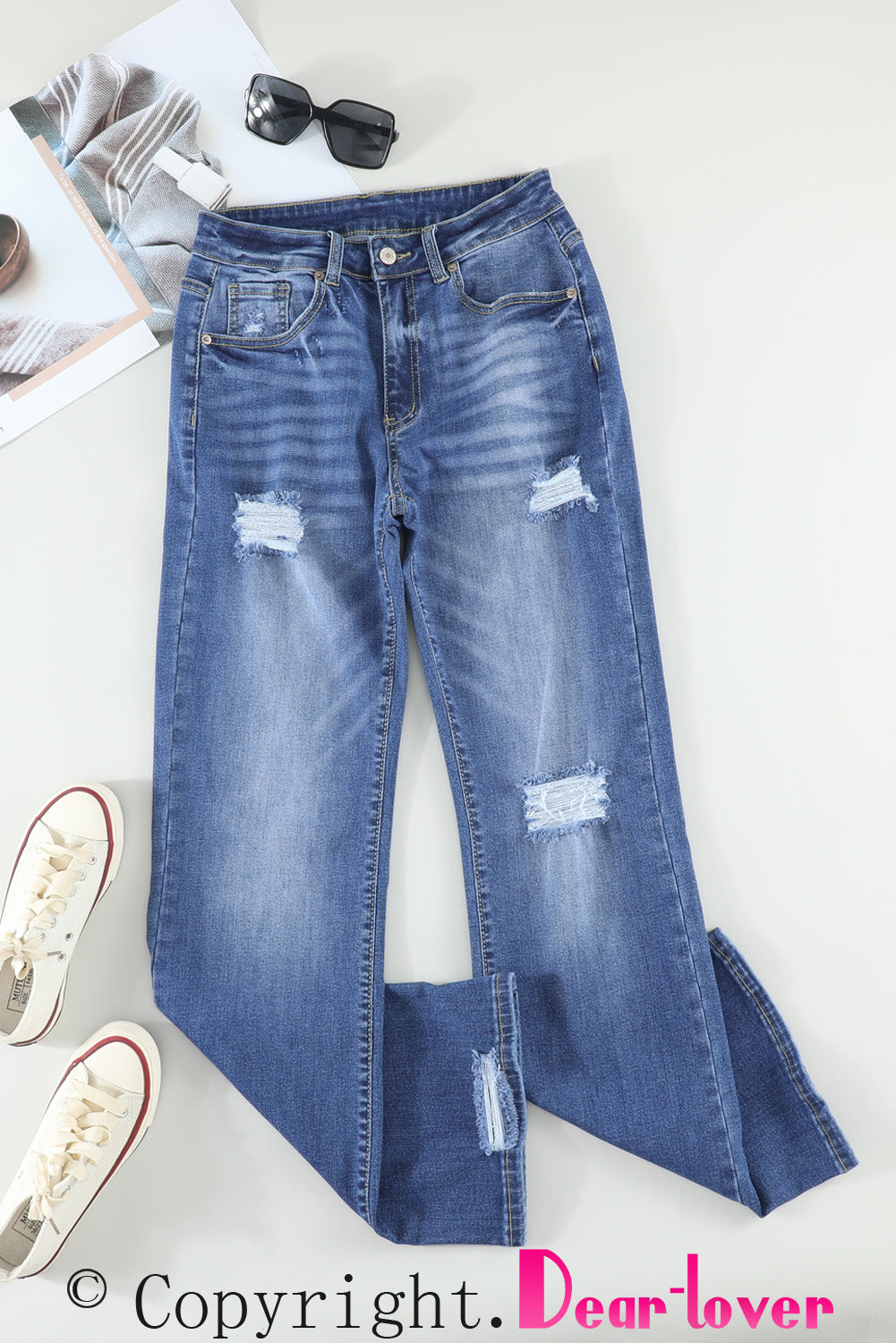 Blue High Rise Washed Distressed Flare Jeans Jeans JT's Designer Fashion