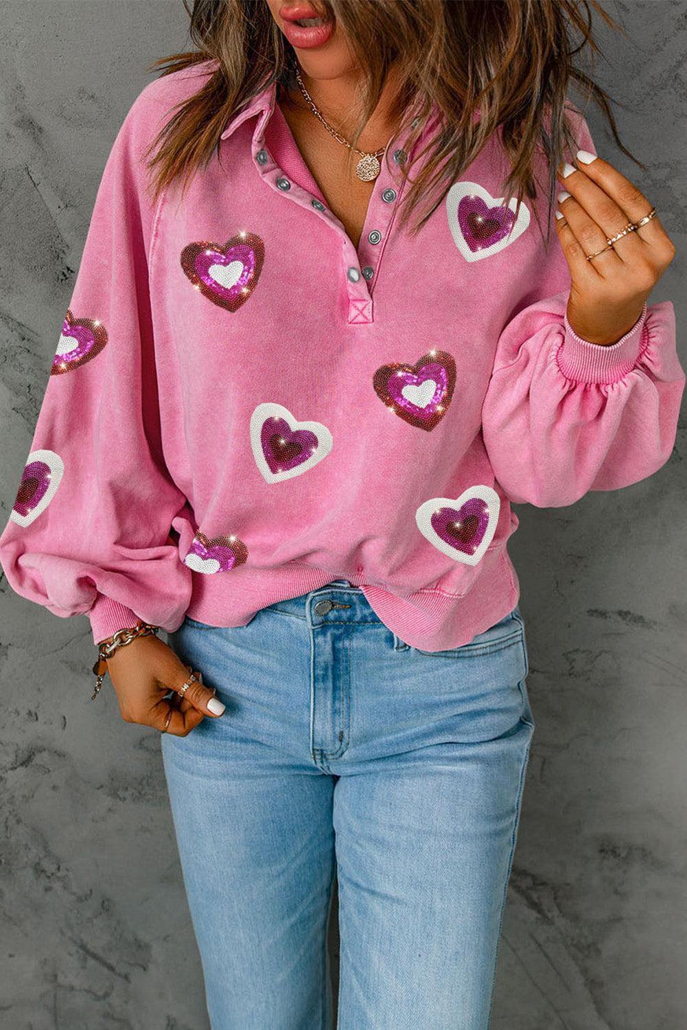 Pink Mineral Wash Sequin Heart Snap Buttons Collared Sweatshirt Pink 95%Polyester+5%Elastane Graphic Sweatshirts JT's Designer Fashion