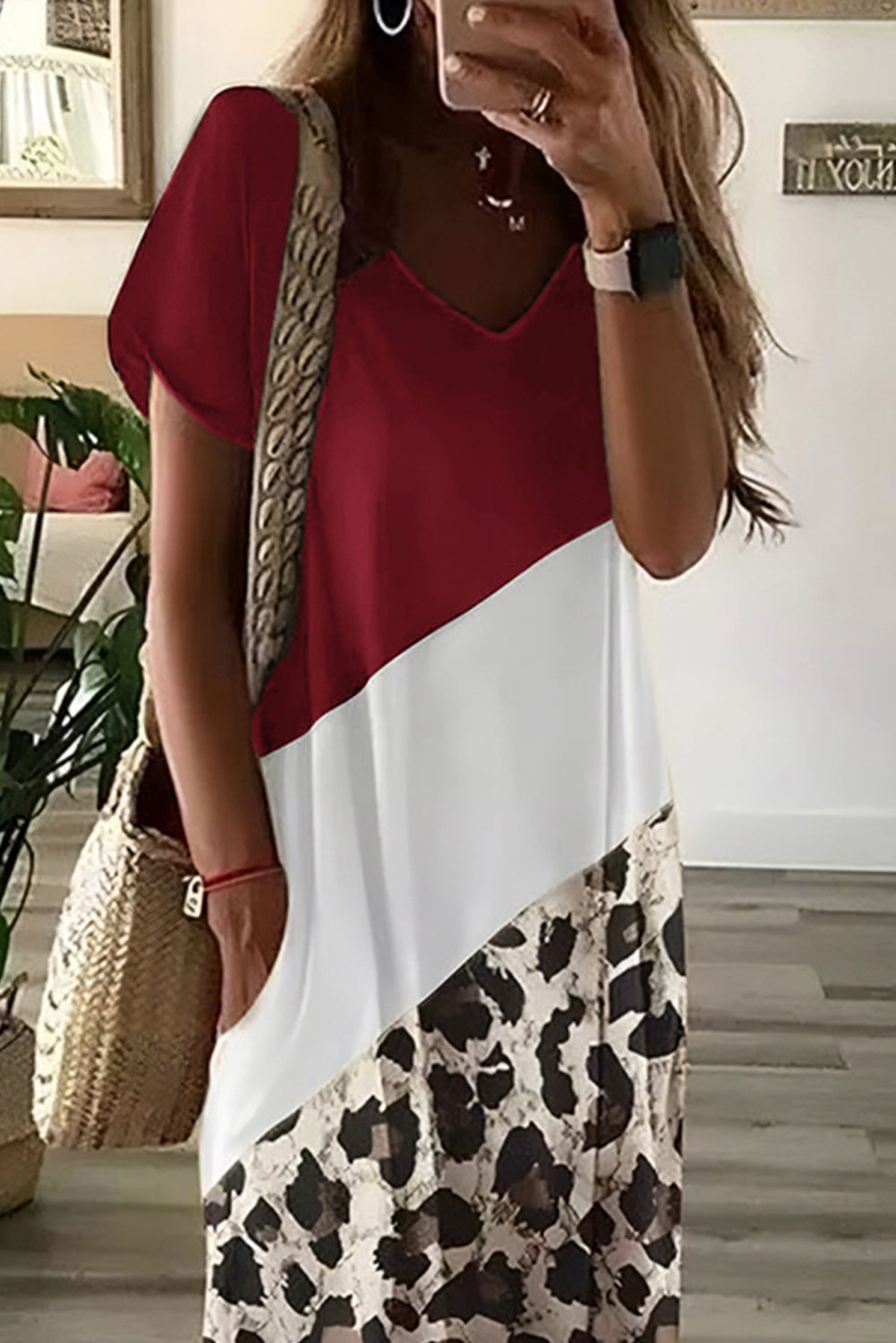 Red Leopard Color Block Side Slit T Shirt Maxi Dress T Shirt Dresses JT's Designer Fashion