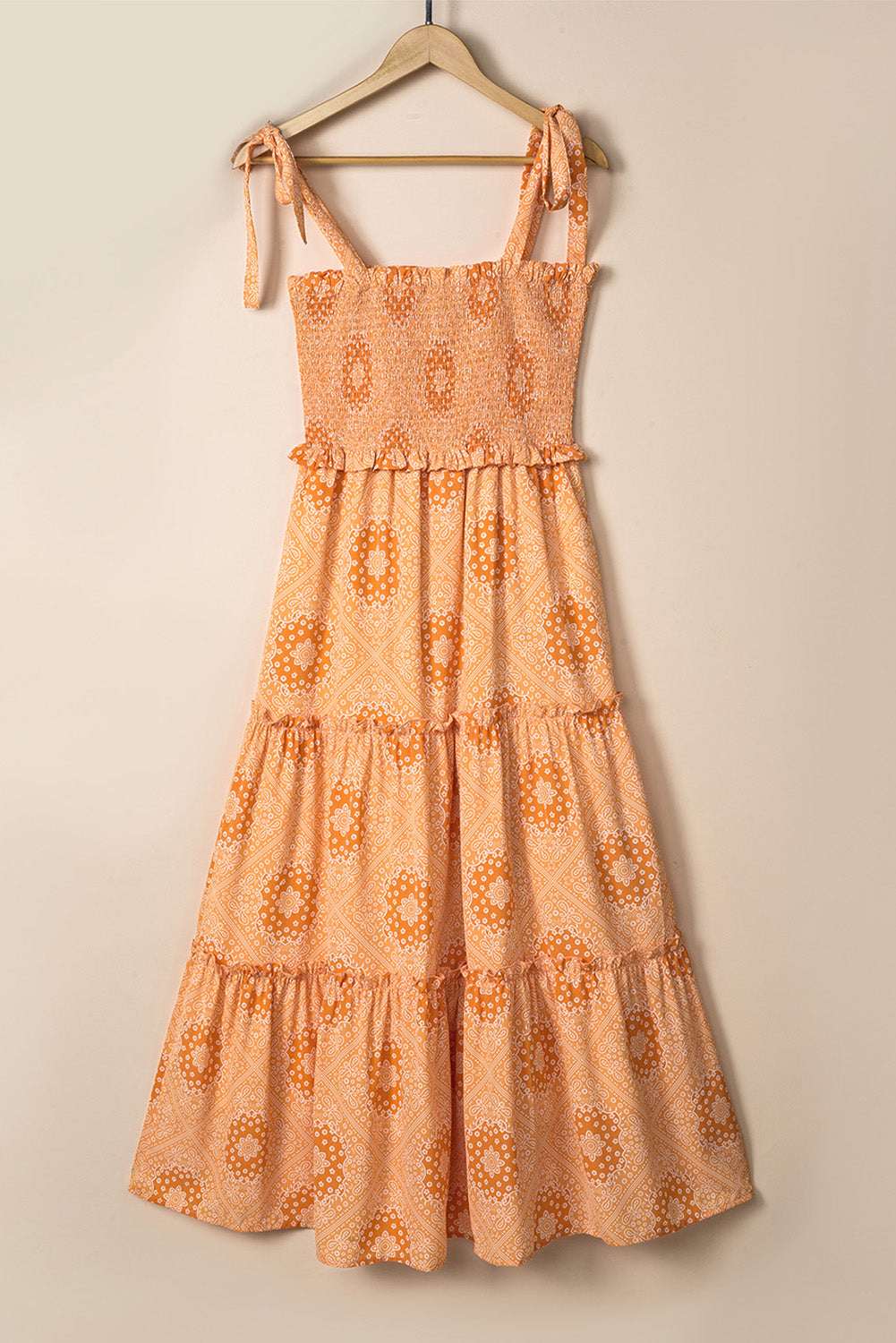 Orange Boho Floral Print Lace-up Straps Tiered Smocked Maxi Dress Floral Dresses JT's Designer Fashion