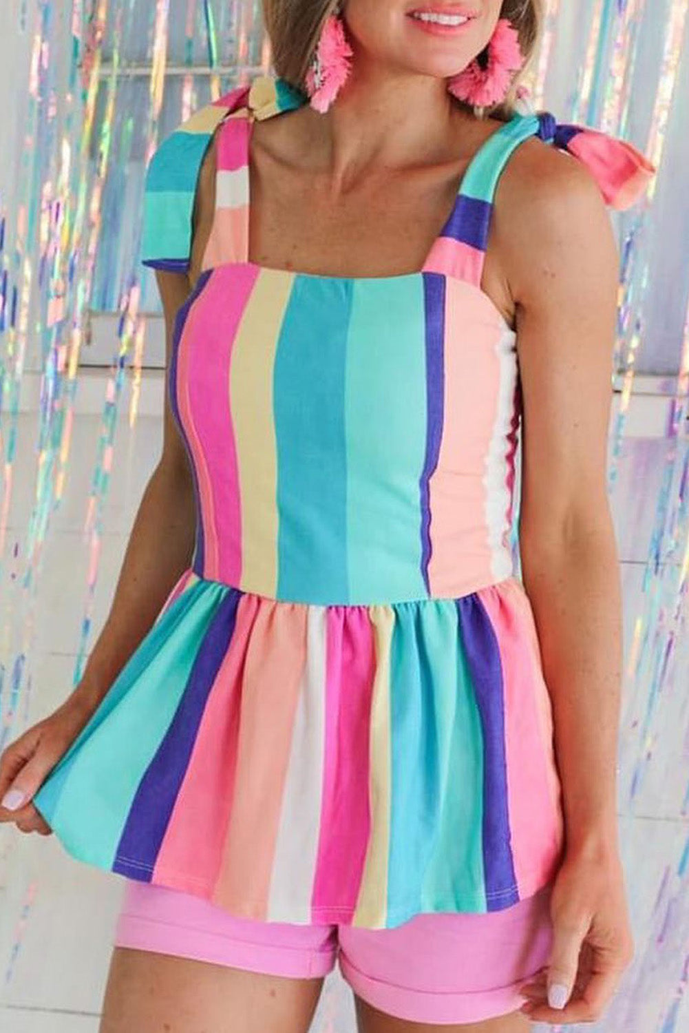 Multicolor Striped Print Colorblock Knotted Shoulder Peplum Tank Top Multicolor 95%Polyester+5%Elastane Tank Tops JT's Designer Fashion