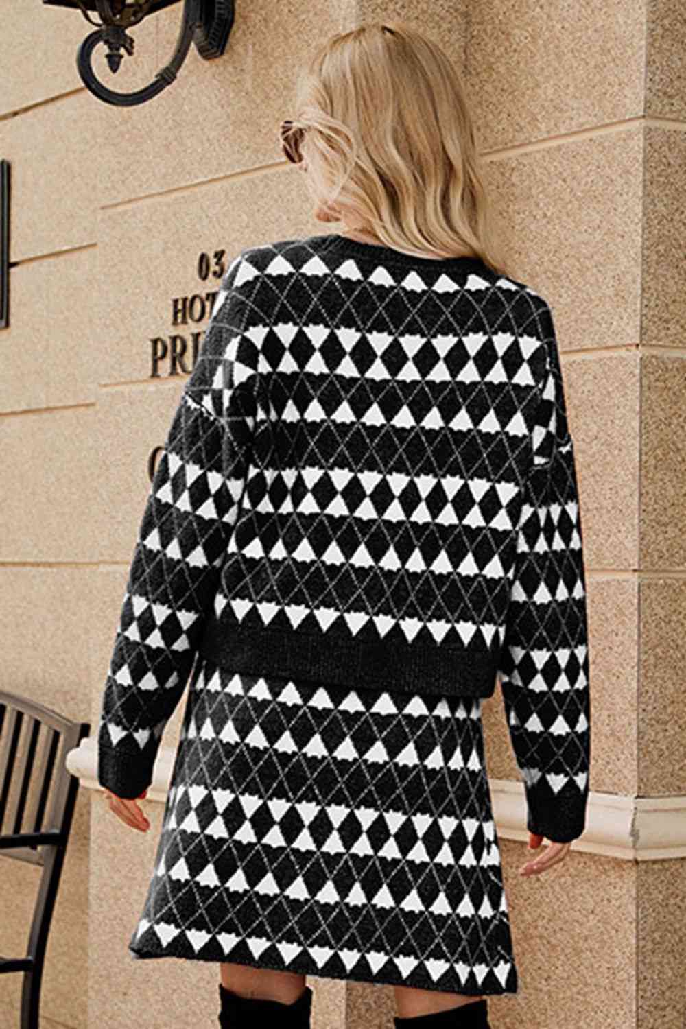 Geometric Dropped Shoulder Cardigan and Knit Skirt Set Sweater Dresses JT's Designer Fashion