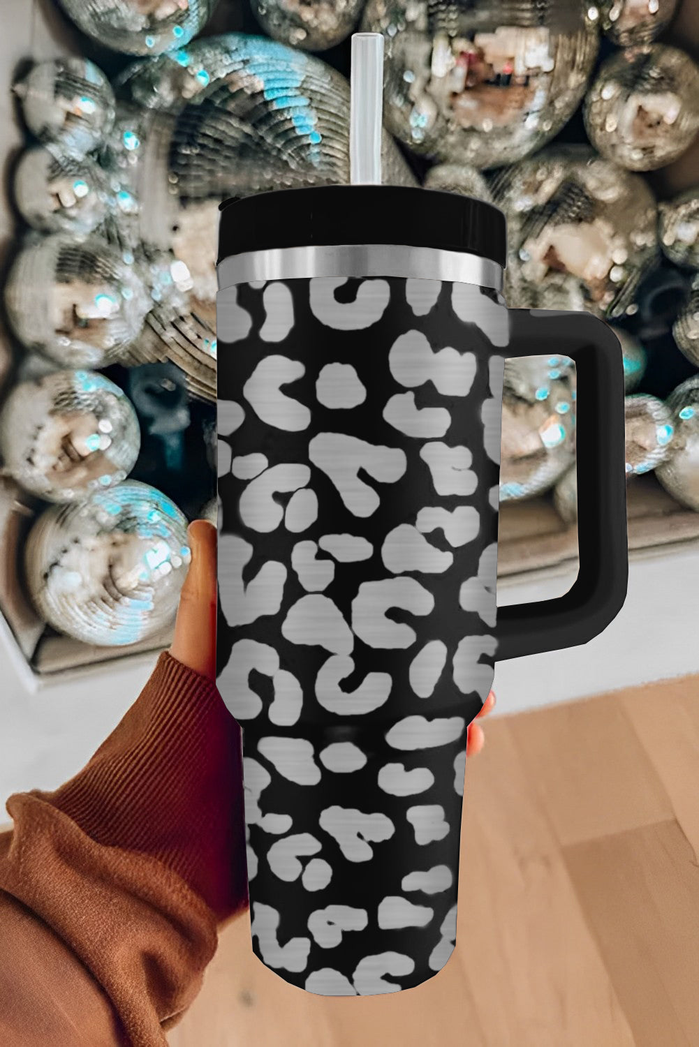 Black Leopard Print 40OZ Stainless Steel Portable Cup with Handle Tumblers JT's Designer Fashion