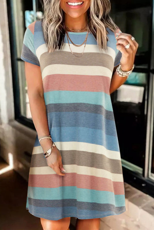 Sky Blue Striped Pocket Mini Dress T Shirt Dresses JT's Designer Fashion