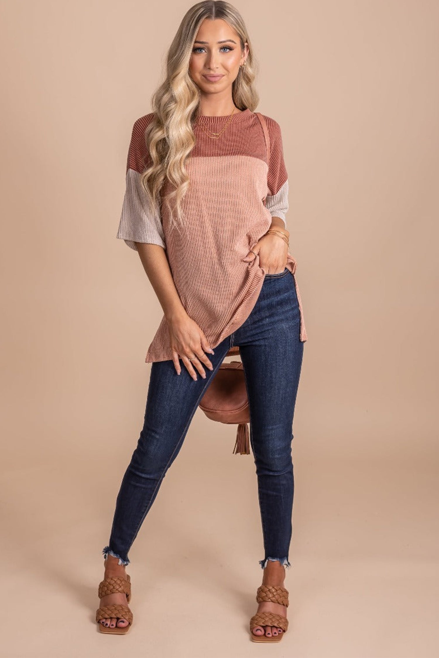 Rose Pink Color Block Ribbed Side Slits Half Sleeve Top Tops & Tees JT's Designer Fashion