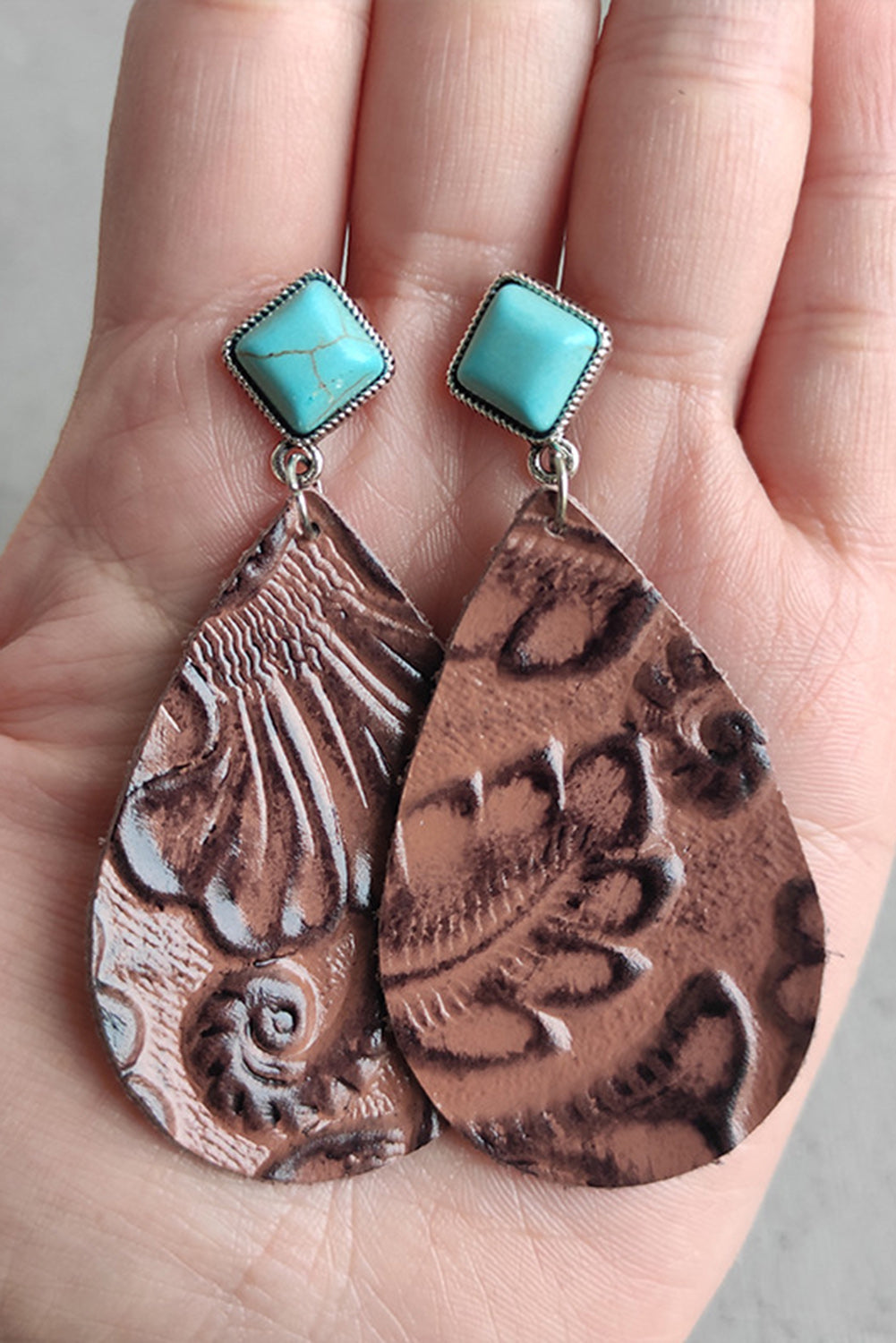 Brown Vintage Turquoise Embossed Drop Earrings Jewelry JT's Designer Fashion