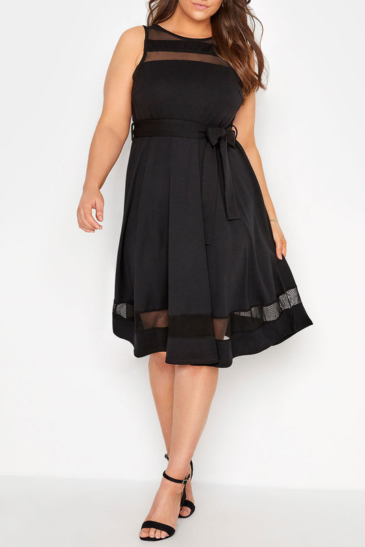 Black Plus Size Mesh Panel Skater Dress Black 95%Polyester+5%Elastane Plus Size Dresses JT's Designer Fashion