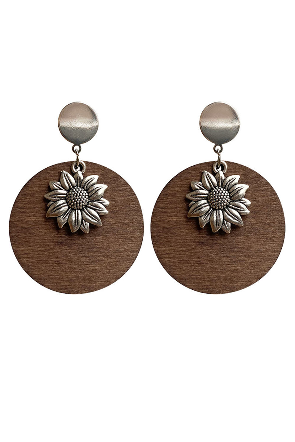 Silvery Retro Sunflower Round Wood Stud Earrings Jewelry JT's Designer Fashion