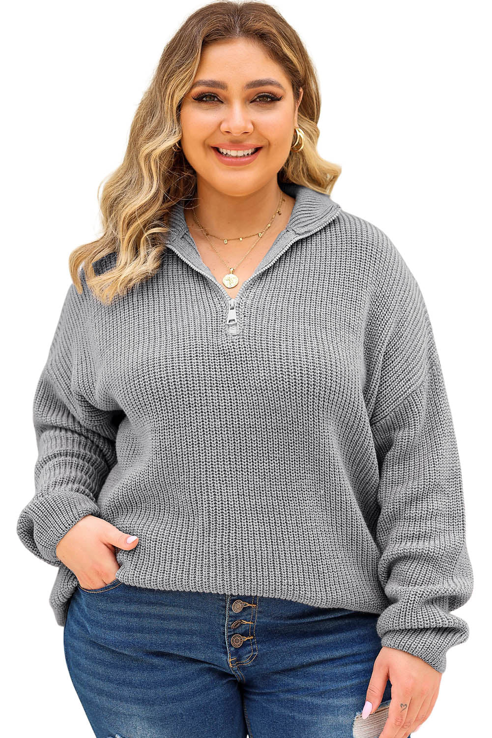 Gray Quarter-Zip Thermal Plus Size Sweater Plus Size JT's Designer Fashion