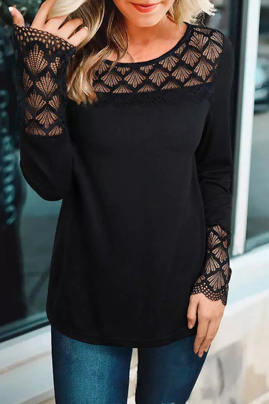 Black Lace Crochet Splicing O-neck Long Sleeve Top Black 95%Polyester+5%Elastane Long Sleeve Tops JT's Designer Fashion