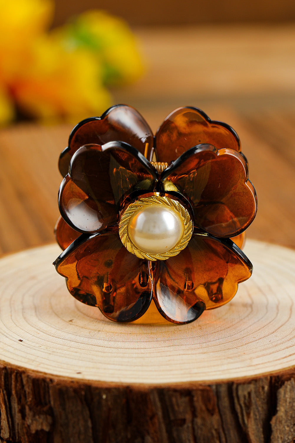 Brown Flower Shape Pearl Inlay Small Hair Claw Clip Headwear JT's Designer Fashion