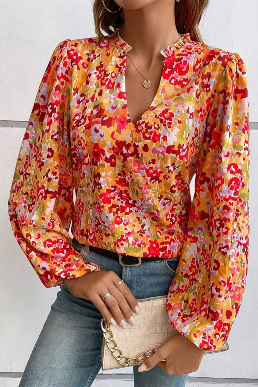 Grapefruit Orange Frilled Split Neck Bubble Sleeve Floral Blouse Tops & Tees JT's Designer Fashion