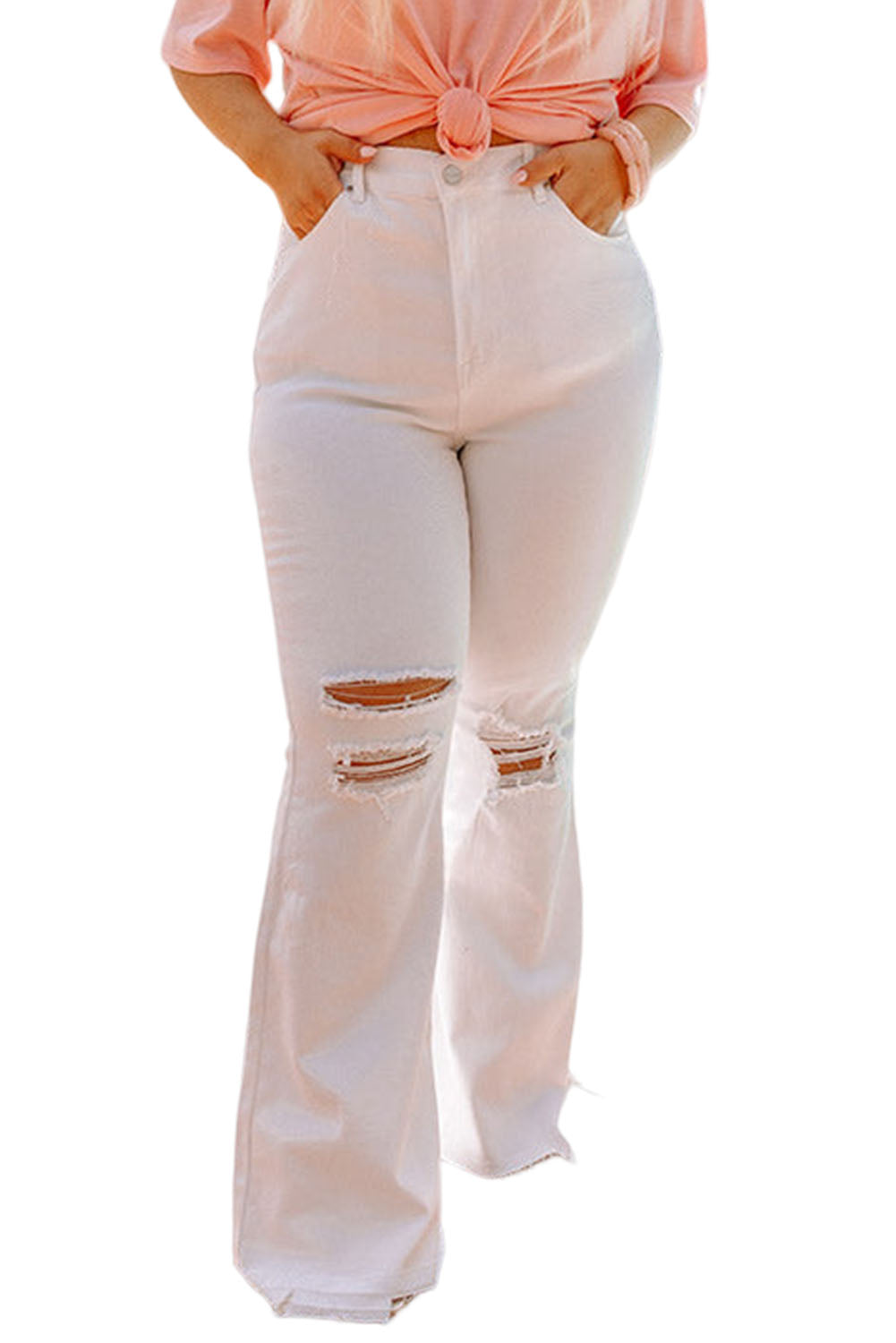 White Ripped Knees High Waist Plus Size Flare Jeans Plus Size JT's Designer Fashion