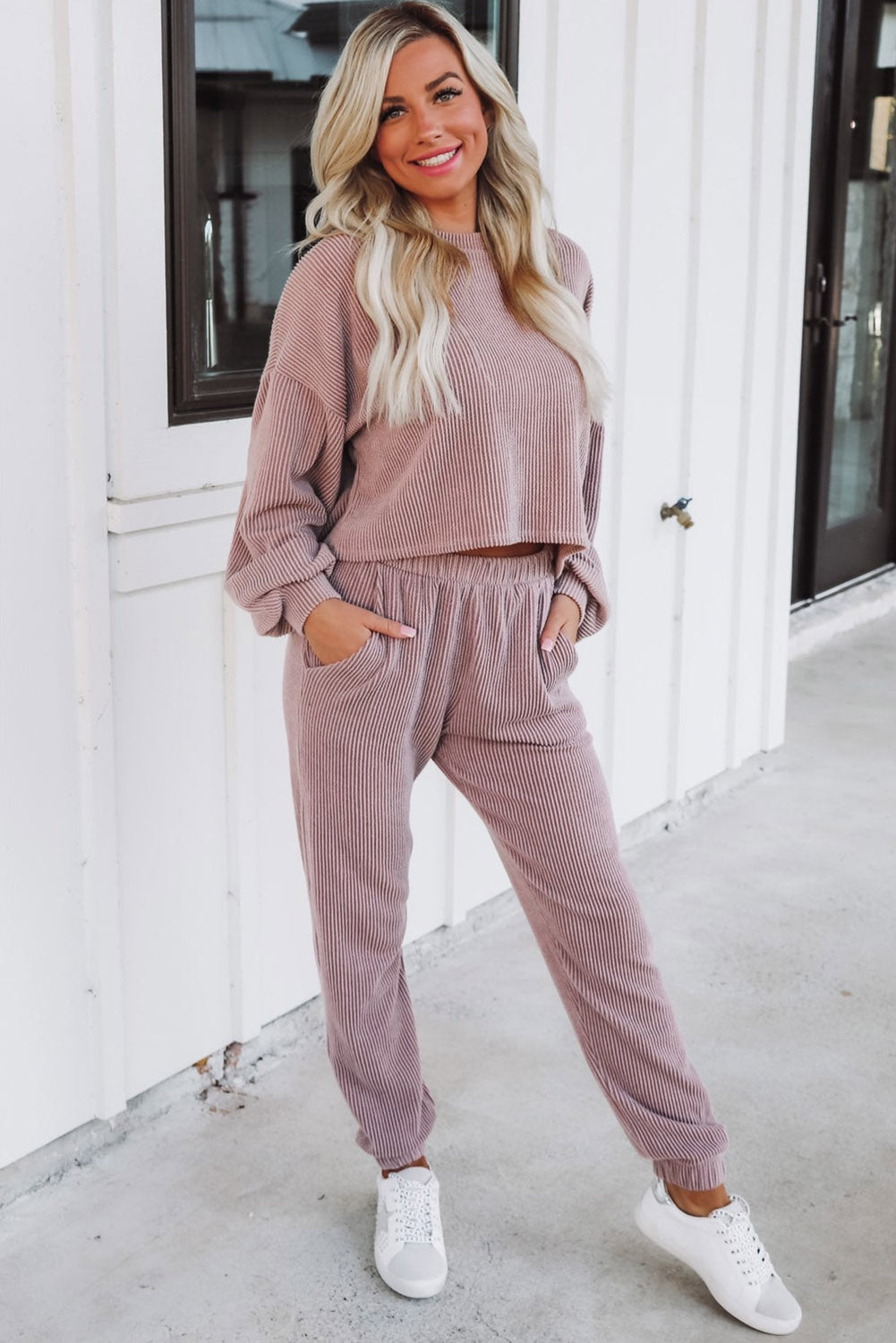 Apricot Powder Ribbed Two Piece Pullover and Joggers Lounge Set Bottoms JT's Designer Fashion