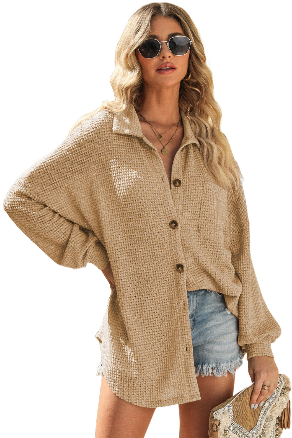 Khaki Waffle Knit Button Up Casual Shirt Tops & Tees JT's Designer Fashion