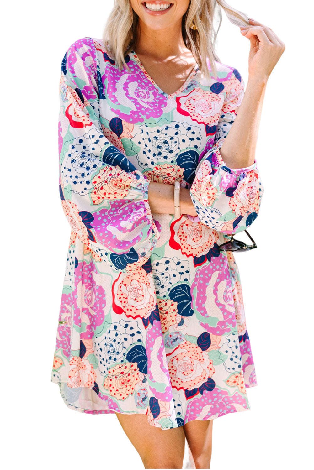 Multicolor Bracelet Bubble Sleeve Blooming Flower Print Dress Floral Dresses JT's Designer Fashion