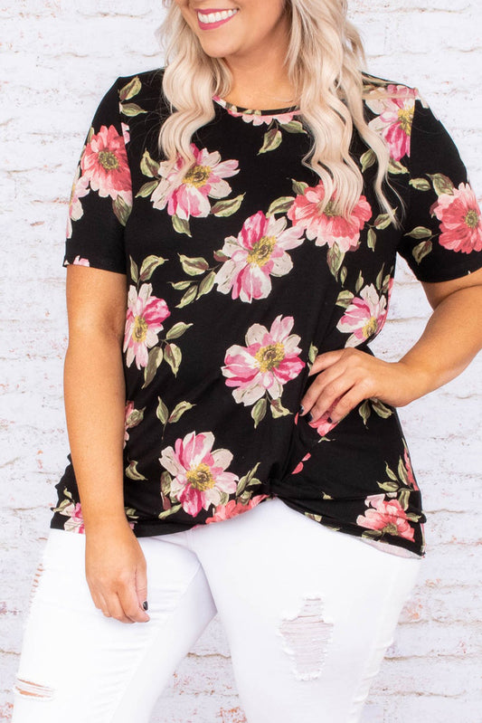 Black Plus Size Floral Print Twist Knot Top Plus Size Tops JT's Designer Fashion