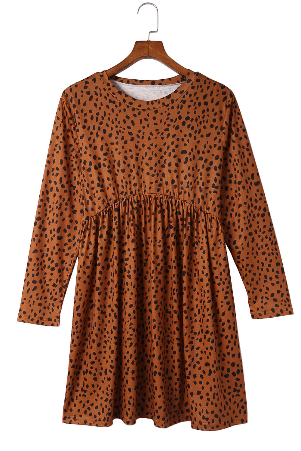 Brown Leopard Long Sleeve Babydoll Dress Mini Dresses JT's Designer Fashion