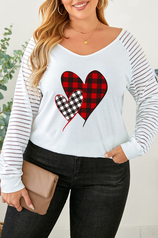 White White White Plaid Heart Print Mesh Patchwork Long Sleeve Plus Size Top Plus Size Tops JT's Designer Fashion