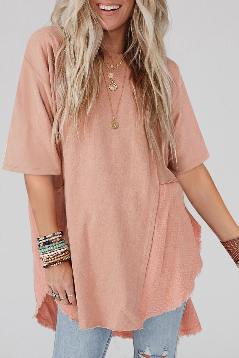 Apricot Pink Half Sleeve Raw Seam Oversized Blouse Tops & Tees JT's Designer Fashion