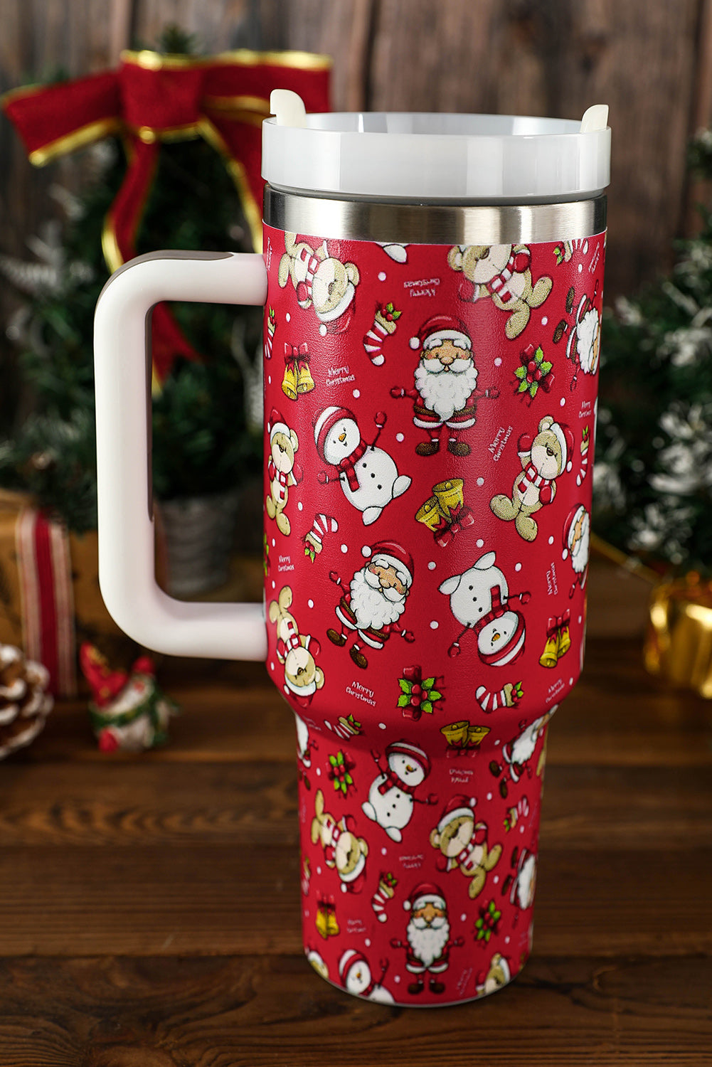 Fiery Red Christmas Pattern Print Handled Stainless Steel Tumblers Tumblers JT's Designer Fashion