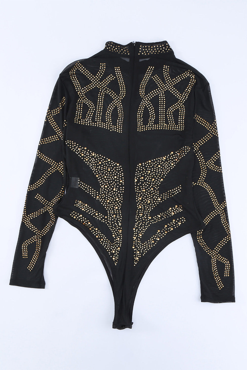 Black Rhinestone Faux Bustier Mesh Long Sleeves Bodysuit Bodysuits JT's Designer Fashion